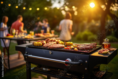 Assorted delicious grilled meat on barbecue grill. Family and friends having a barbecue party with fun. Dinner party and weekend activity concept. Generative AI.