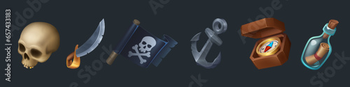 Pirate game ui icon element with map and skull. Adventure for caribbean treasure in bottle gui illustration. Isolated anchor, black flag, parchment, compass and sabre weapon user interface design.