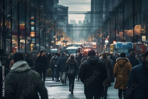 Crowd of people walking on city street in rush hour. City life with busy people and transportation. Generative AI.