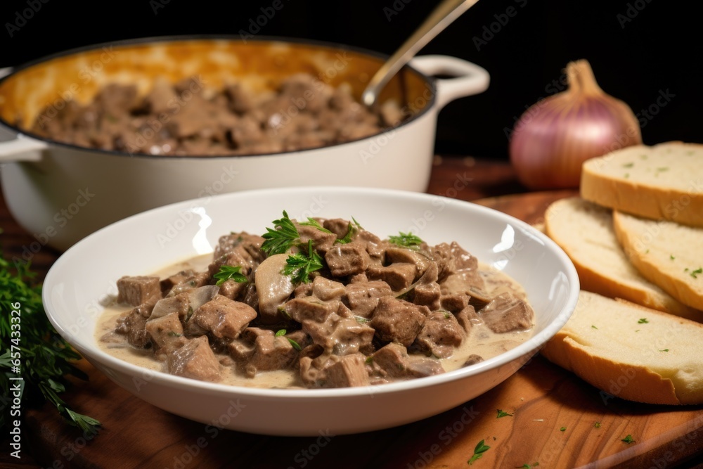beef stroganoff dish with slice of bread on the side beef stroganoff dish with slice of bread on the side