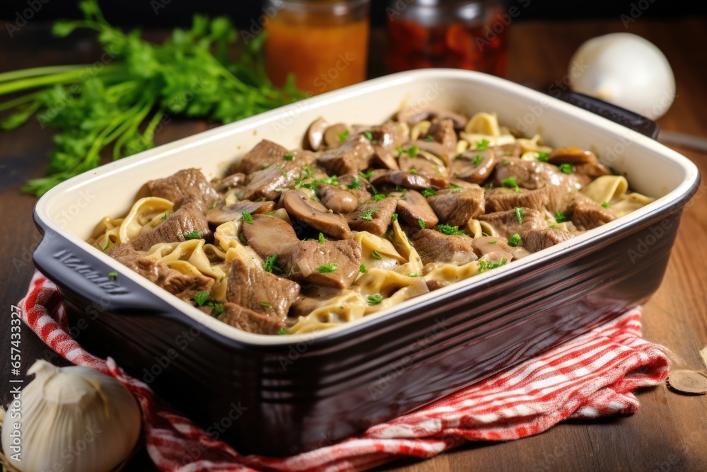beef stroganoff with egg noodles in square dish beef stroganoff with egg noodles in square dish
