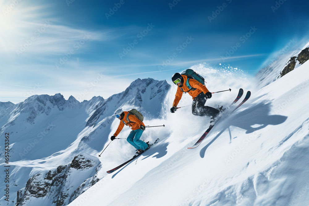 Skiers skiing on snowy slope in the mountains. Adventure sport activity in the winter season. Generative AI. Skiers skiing on snowy slope in the mountains. Adventure sport activity in the winter season. Generative AI.