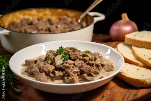 beef stroganoff dish with slice of bread on the side