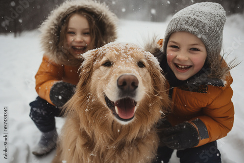 Children playing with their dog in the snow on winter day. Kids laughing and having fun while playing with pet outdoors. Generative AI.