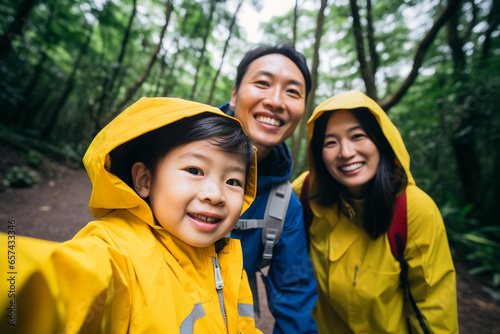 Asian family, Father, mother and daughter selfie together while hiking in the forest. Family activity enjoying to travel together. Generative AI.