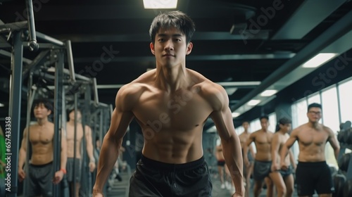 Portrait of young sporty playing in gym. Happy athletic fit muscular couple in fitness center.