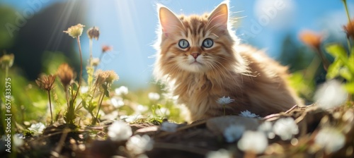 Cat portrait on nature. Generative AI technology.