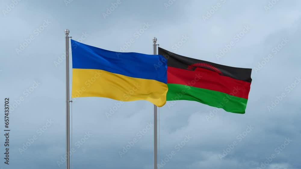 Malawi flag and Ukraine flag waving together on cloudy sky, endless seamless loop, two country relations concept