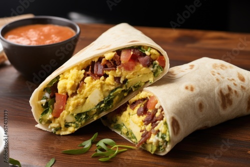 breakfast burrito filled with scrambled eggs and bacon
