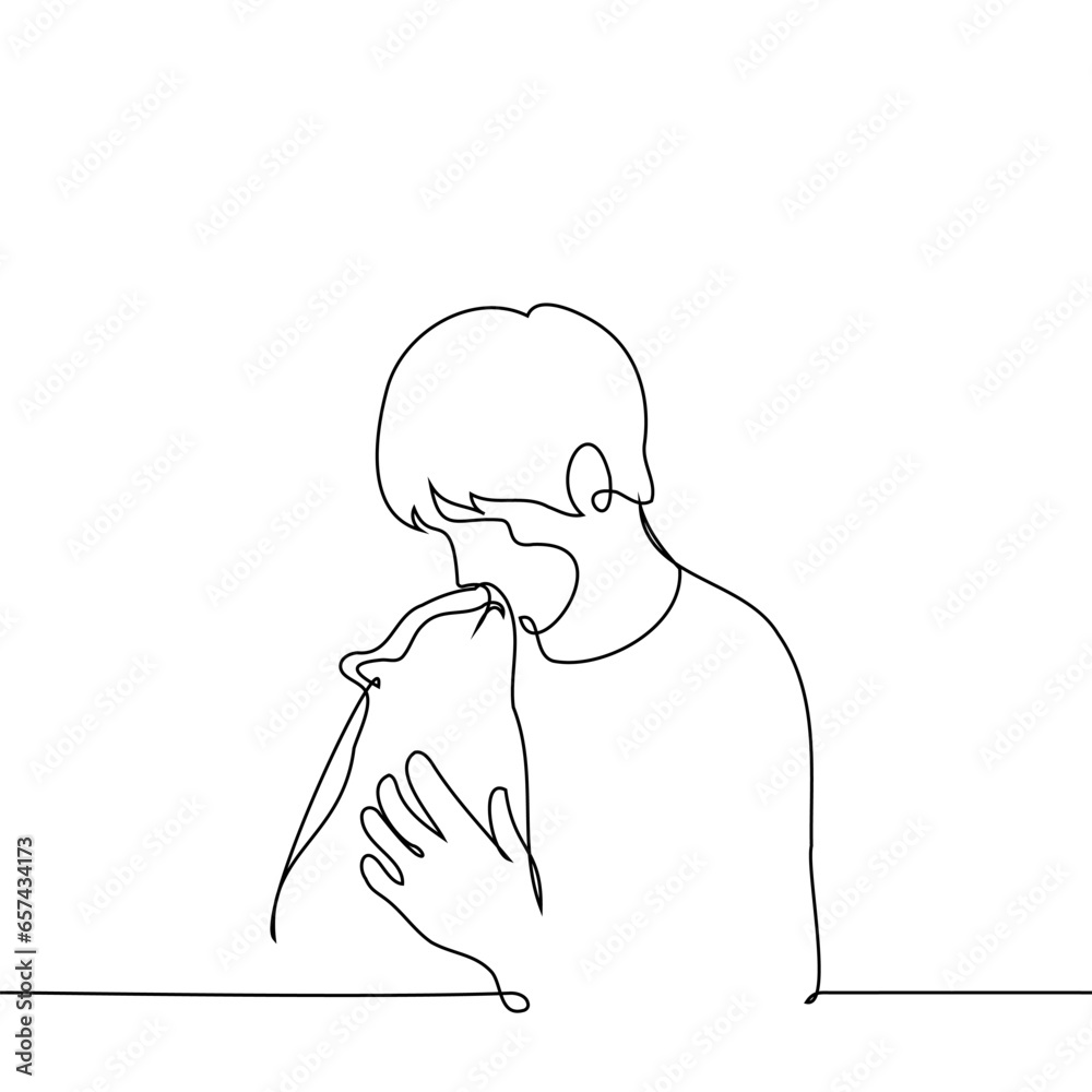 man strokes and hugs a cat who kisses him - one line art vector. concept mutual love between cat and man