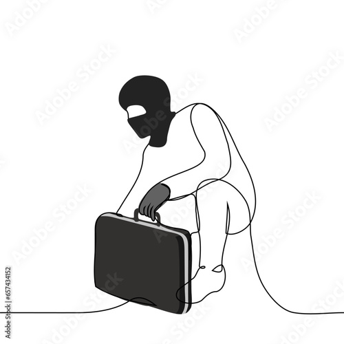 robber in a balaclava sat down on his knee on the floor without letting go of the black case - one line art vector. concept man hiding with a case with money