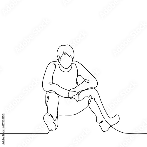 man sits on the floor with his legs spread wide, elbows on his knees and palms together - one line art vector. concept relaxed pose for sitting on the floor