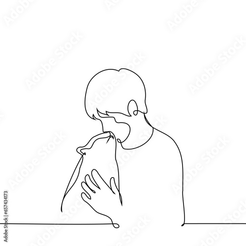 man strokes and hugs a cat who kisses him - one line art vector. concept mutual love between cat and man
