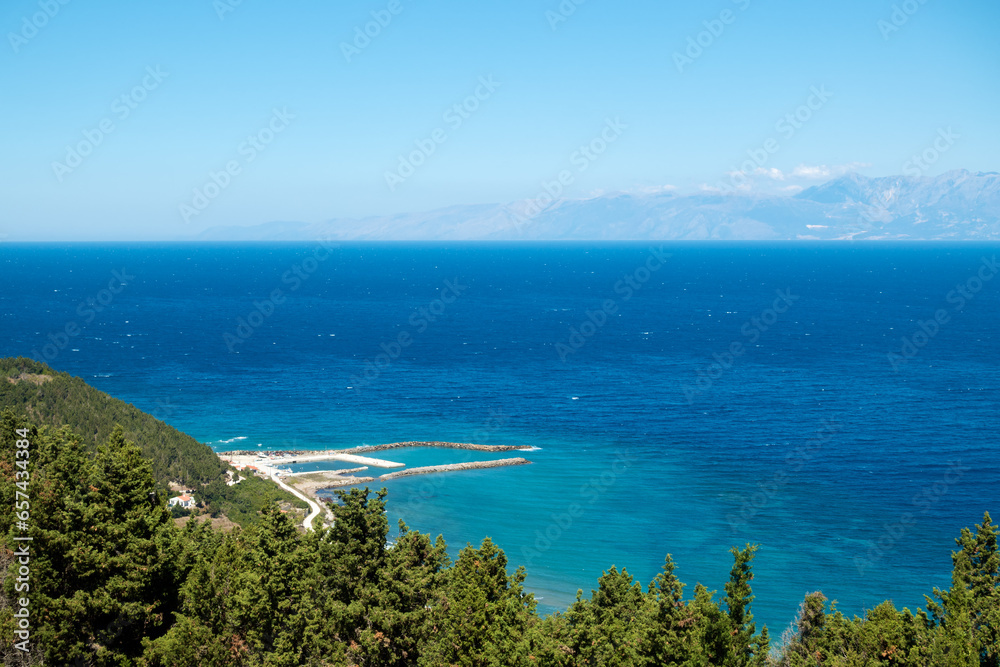 Stunning view down to the sea and the surrounding area from top of the mountain in Mathraki island, Greece