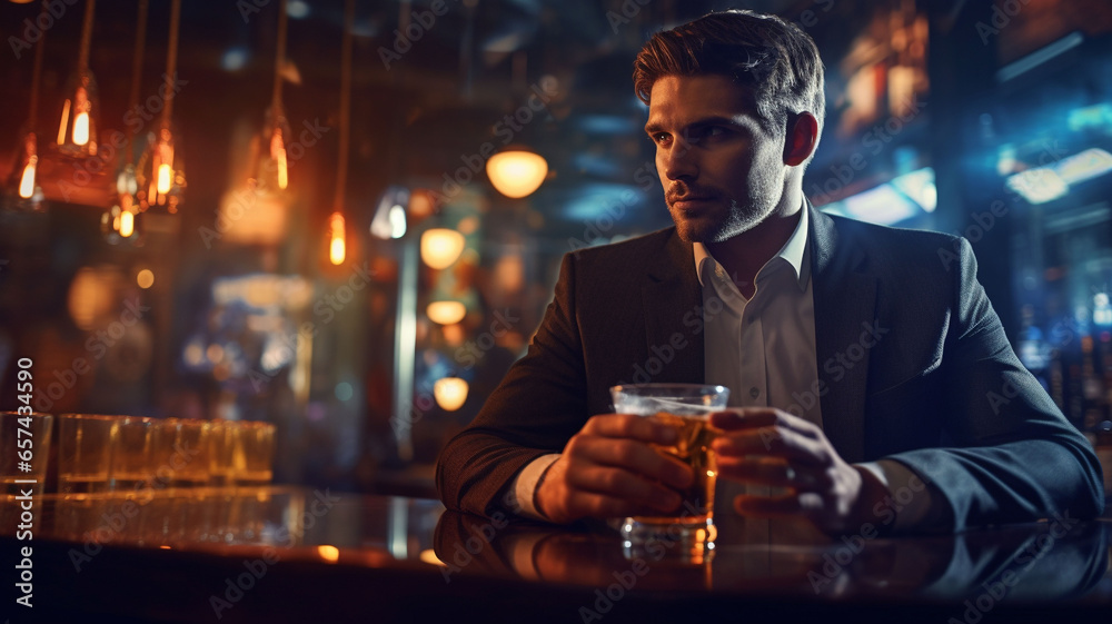 businessman in the bar drinking alcohol before work hard - obrazy, fototapety, plakaty 