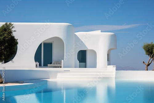 a white house with a pool in the background, greek art, and architecture, minimalist abstracts, rounded forms, serene oceanic vistas, organic architecture © Watcharakul