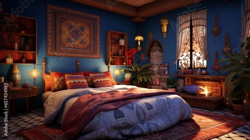 bedroom with a Moroccan-inspired decor  with rich colors and intricate patterns