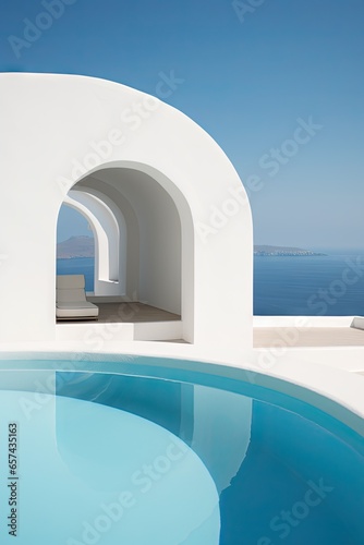 a white house with a pool in the background, greek art, and architecture, minimalist abstracts, rounded forms, serene oceanic vistas, organic architecture © Watcharakul