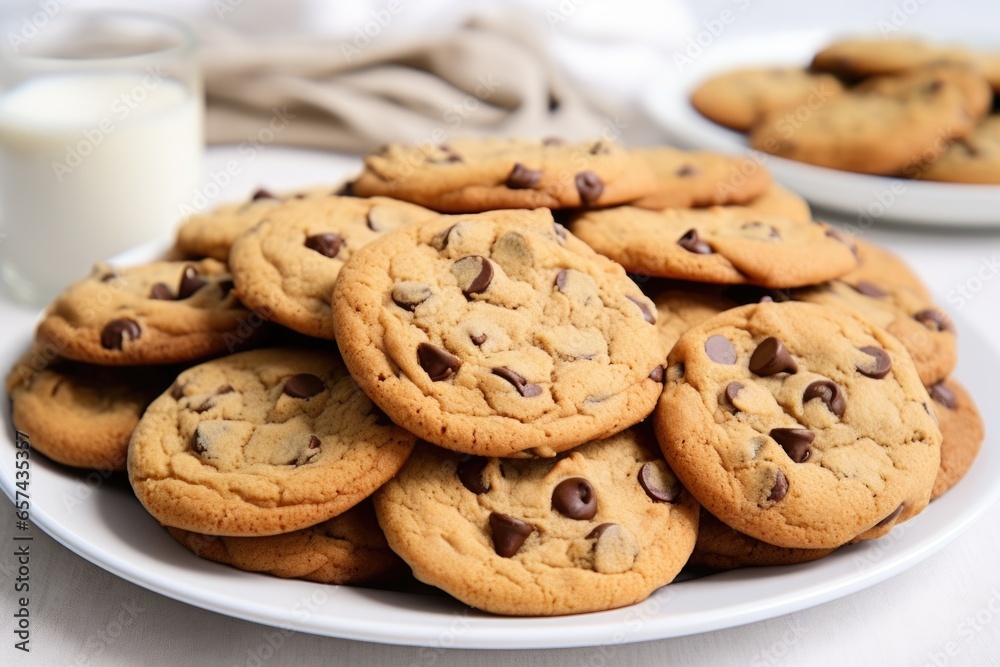 a pile of chocolate chip cookies on a round white plate