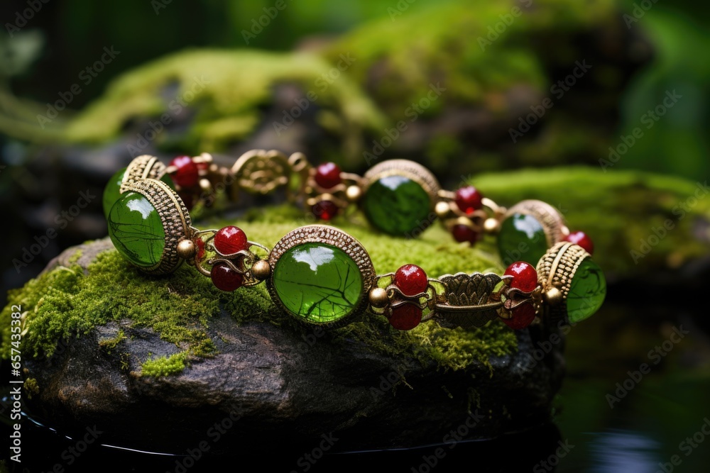 bracelet with semi-precious stone beads resting on a mossy rock - obrazy, fototapety, plakaty 