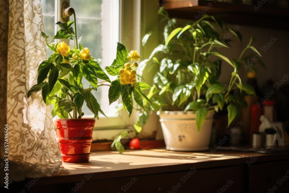a chili pepper plant on a kitchen windowsill with morning sunlight a chili pepper plant on a kitchen windowsill with morning sunlight
