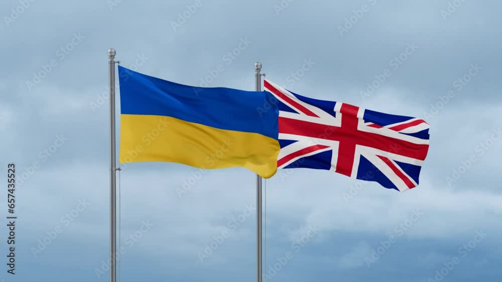 United Kingdom and Ukraine flag waving together on cloudy sky, endless seamless loop, two country cooperation concept United Kingdom and Ukraine flag waving together on cloudy sky, endless seamless loop, two country cooperation concept