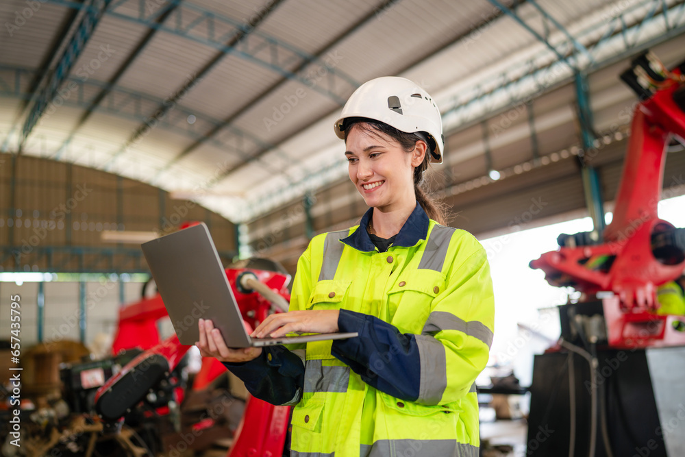 Portrait of female automation engineer using laptop and looking camera in industrial factory. Portrait of female automation engineer using laptop and looking camera in industrial factory.
