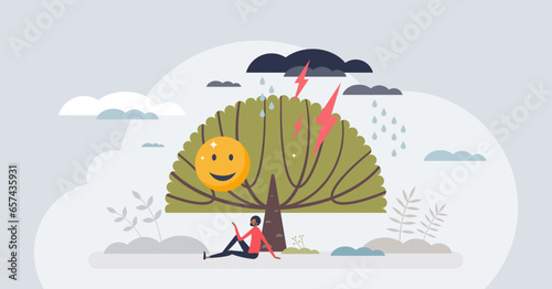 Weathering emotional storms with effective mental method tiny person concept. Psychological mind technique to overcome anxiety, depression, frustration and stress feelings vector illustration.