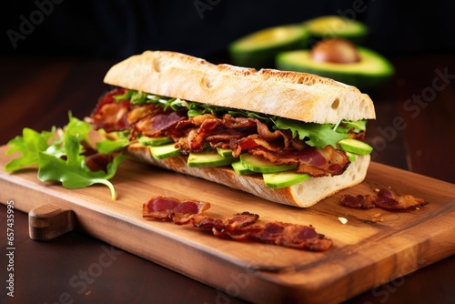 close-up of a baguette sandwich with avocado and bacon