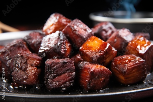 close-up of juicy bbq burnt ends on a black plate