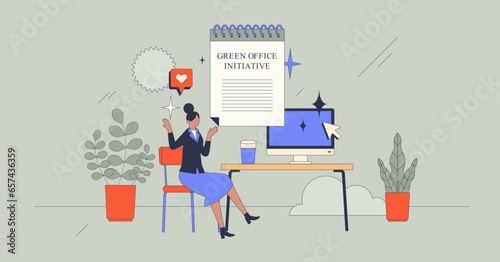 Eco friendly office and green initiative principles retro tiny person concept. Sustainable, environmental and ecological corporate workplace with ethical business standards vector illustration.