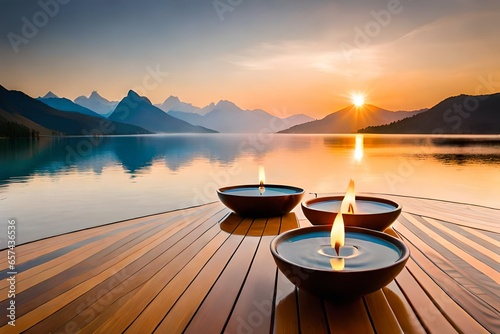 sunset in the mountains with candles on the table 