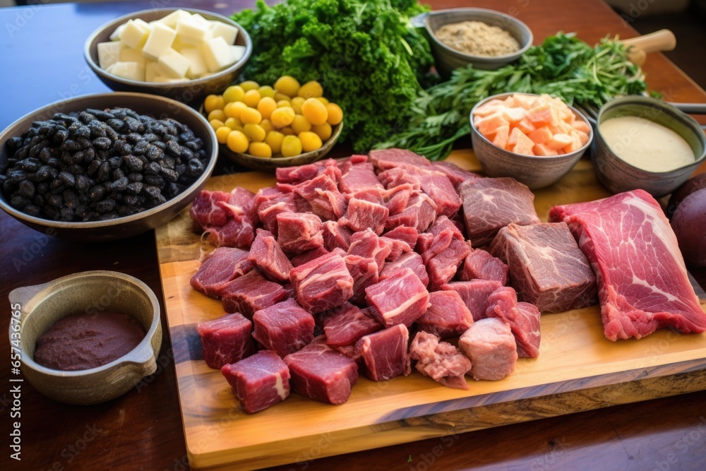 prepping pork and beef for feijoada on a wooden board prepping pork and beef for feijoada on a wooden board