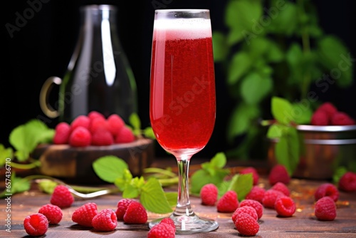 framboise lambic beer in a flute glass, with raspberries around