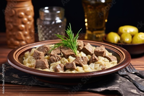 beef stroganoff with gherkins on ceramic plate