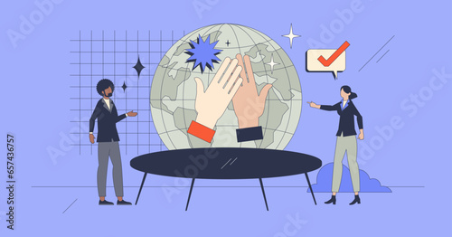 Global business etiquette and social behavior retro tiny person concept. Diverse business partners for international market partnership vector illustration. Corporate relationship and interaction.