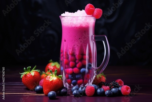 a chilled berry smoothie in a glass jug with beads of condensation