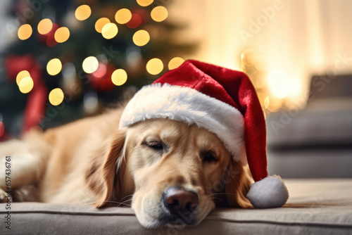 A sleeping golden retriever dog on the carpet in front of a decorated Christmas tree with a Christmas hat.