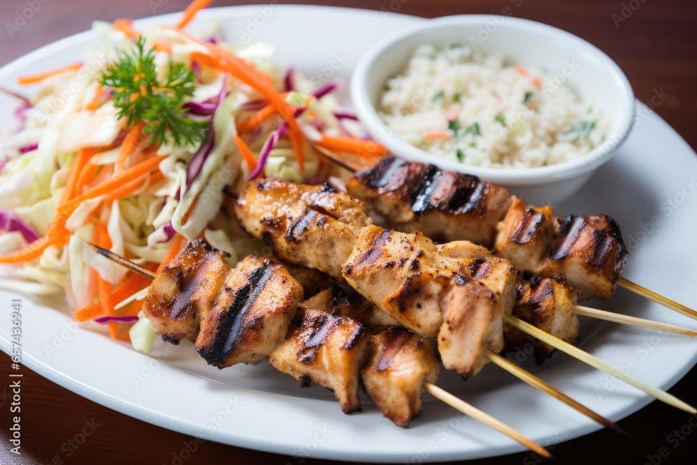 grilled fish skewers served with a side of coleslaw