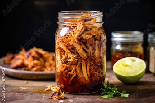 glass jar filled with bubbly bourbon bbq sauce, pulled chicken aside