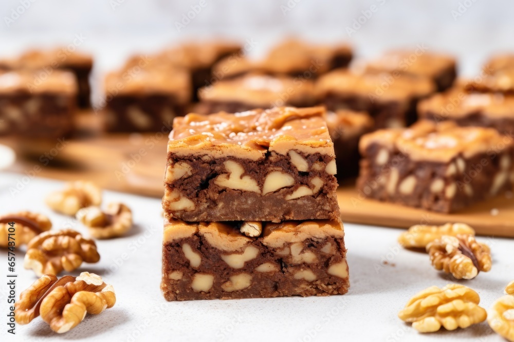 walnut topped brownies square cut on a marble countertop