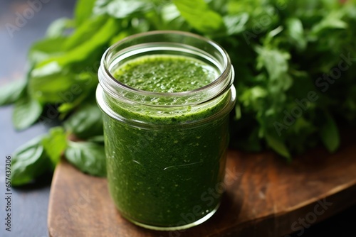 green juice in a mason jar with fresh mint leaves