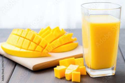 mango slices next to a filled juice carton