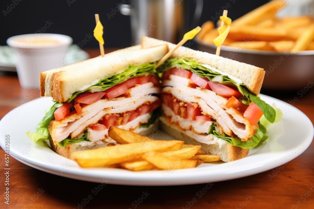 triangular sliced chicken club sandwich on a ceramic plate