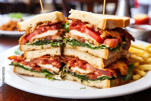 restaurant-style chicken club sandwich with layers of fillings and sauces