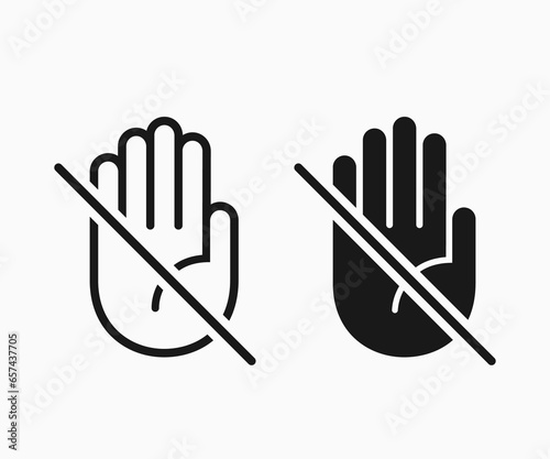 Do not touch hand icon. don't touch hand icon. lined logotype design element. User manual standard symbol. Crossed palm pictogram.