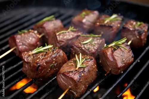 steak tips grilling with garlic and rosemary sprigs