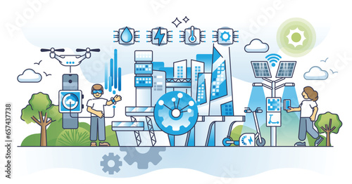 Dawn of smart cities and modern IOT technology connection outline concept. Society progress and access to urban mobility, effective connections and automation vector illustration. New infrastructure.