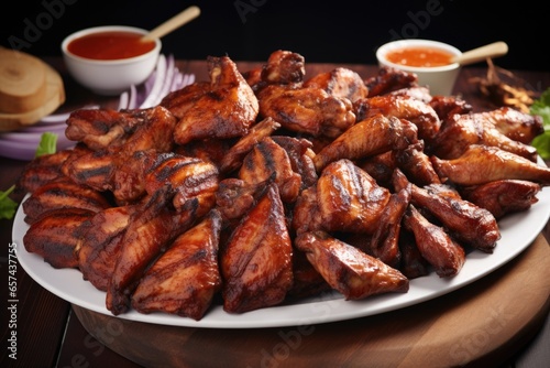 a neatly arranged platter of barbecue chicken wings