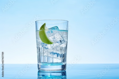 a low angle view of gin and tonic against a light blue backdrop